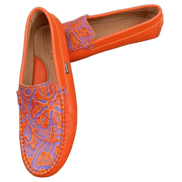 Atlanta Moccasins Shoes Womens Orange Blue Leather Driving Loafer Preppy Mature - Picture 8 of 15